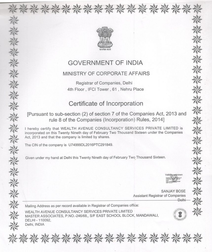 Certificate of Incorporation – wealth